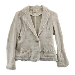 Barney's New York Nubby Tweed Jacket Blazer XS‎ Fringe Ivory Metallic Sparkle
